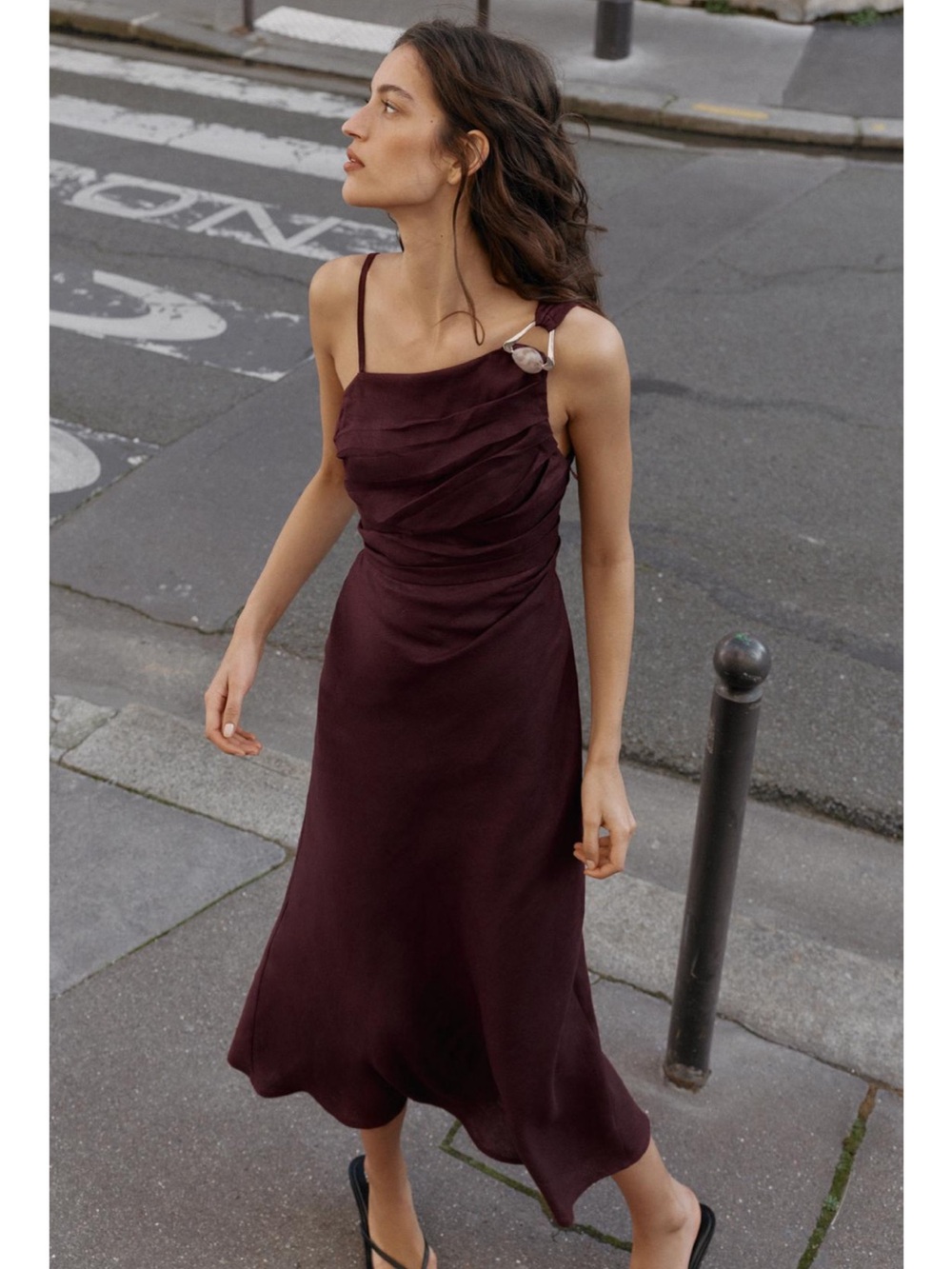 Zara Burgundy Draped Midi Slip Dress with Shoulder Knot Detail